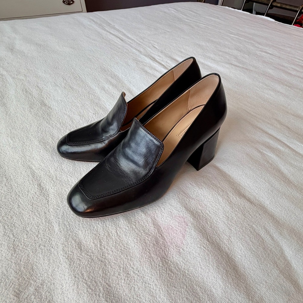 Antonio Melani Black Leather Loafer Pumps Square Toe Block Heel Womens 8.5M - Picture 4 of 11